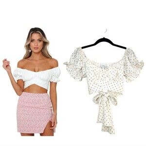 HELLO MOLLY Polka Dot Off The Shoulder Tie Back Crop Top size Small